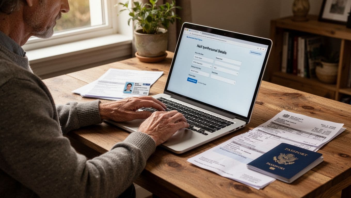 Focused adult at a wooden desk in a cozy home office, carefully typing personal and bank details into an online form on a laptop, with ID card, bank statement, and passport nearby, natural daylight from window.