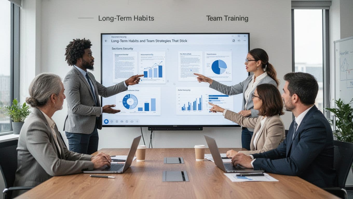 A diverse group of three professionals in a bright office meeting room discusses document security charts on a shared screen, pointing naturally in realistic corporate style with no text or logos.