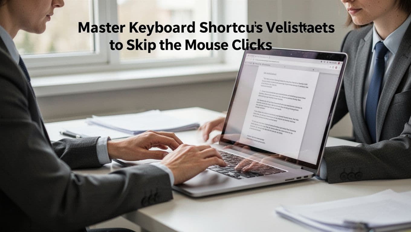 A focused office worker at a clean desk with a laptop open to a document types quickly on the keyboard under soft natural window light in a realistic style with exactly one person.