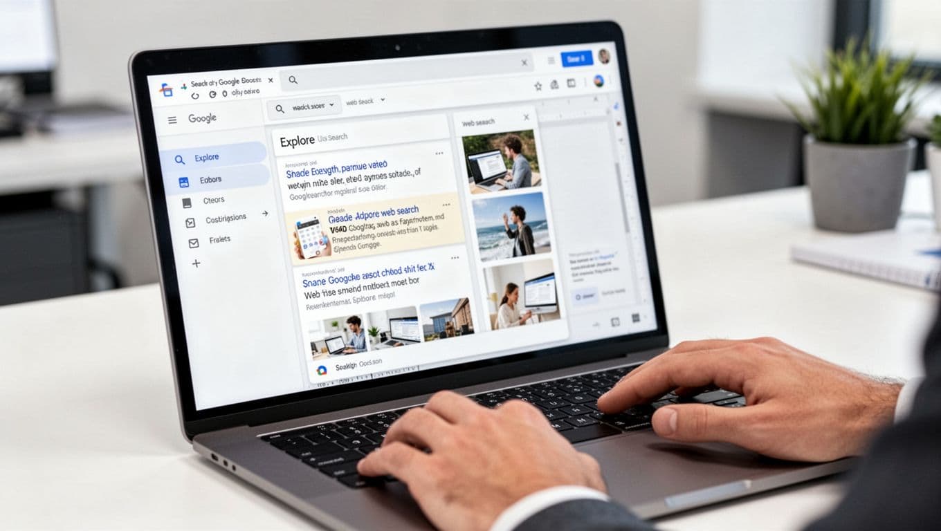 Close-up of Google Docs interface on a laptop screen showing Explore panel with web search results and images, hands resting near keyboard in a modern office setting, bright even lighting, realistic digital art style, one laptop only, no extra screens, no readable text on screen, no watermarks.