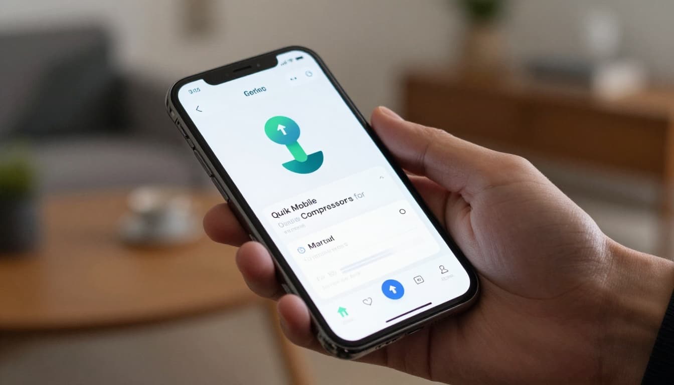 A relaxed hand holds a single smartphone on a cozy home table, screen angled showing simple app interface with file compression progress and upload button. Realistic indoor photo with natural light, no extra devices or readable text.