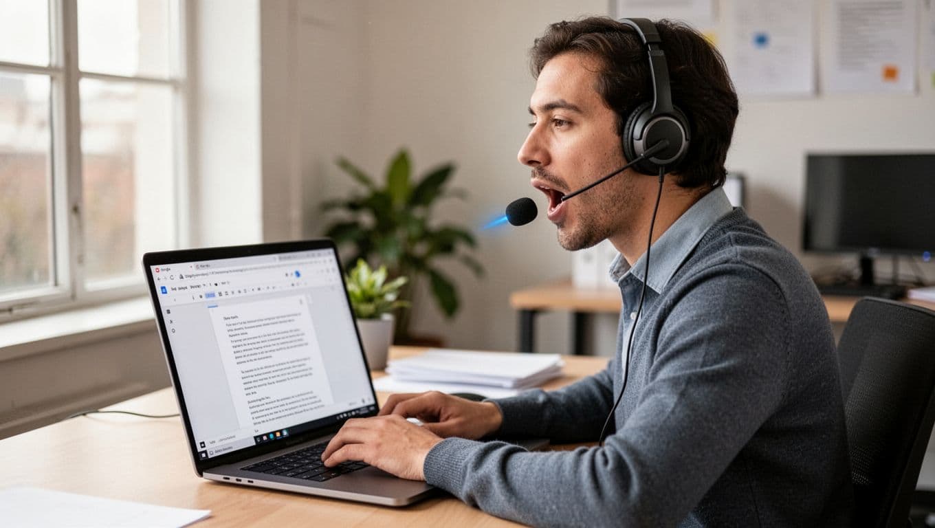 An office worker speaks into an active laptop microphone for hands-free voice typing in Google Docs, in a quiet room with natural daylight, realistic photo.