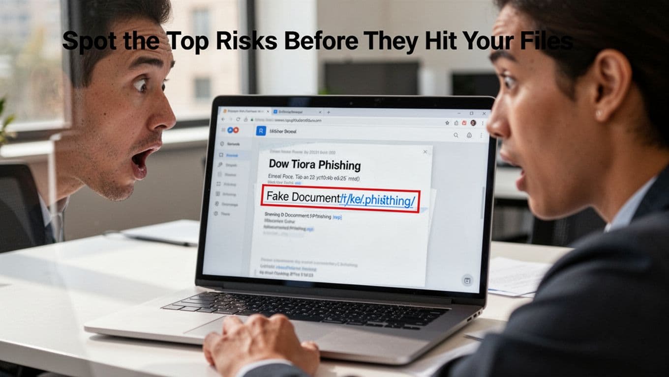 A realistic illustration of a surprised person at a desk in an office setting, receiving a phishing email on their laptop with a highlighted fake document link on the screen, natural daylight lighting, clean modern style.