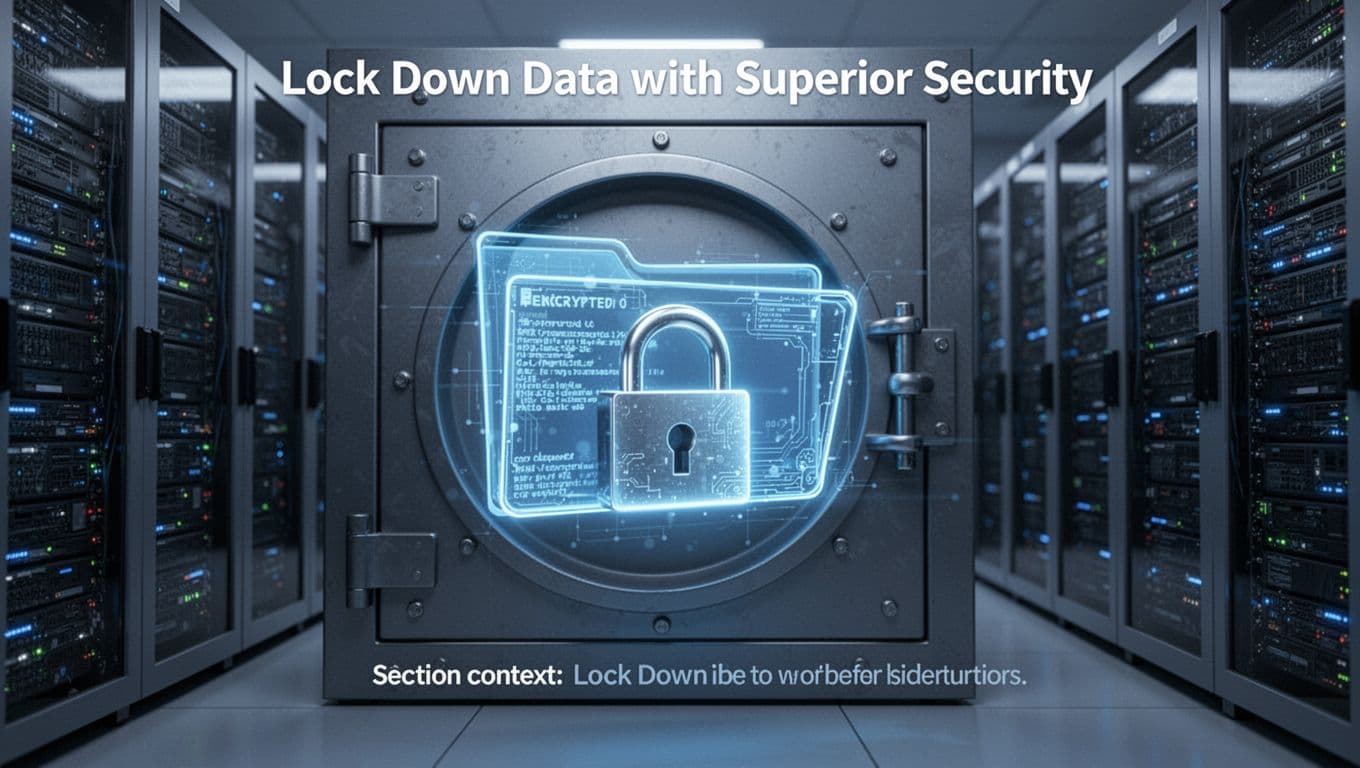 Digital vault with glowing encrypted file folders and locked padlock icon in a futuristic realistic server room background with soft blue lighting, high-tech secure atmosphere, no people or text.