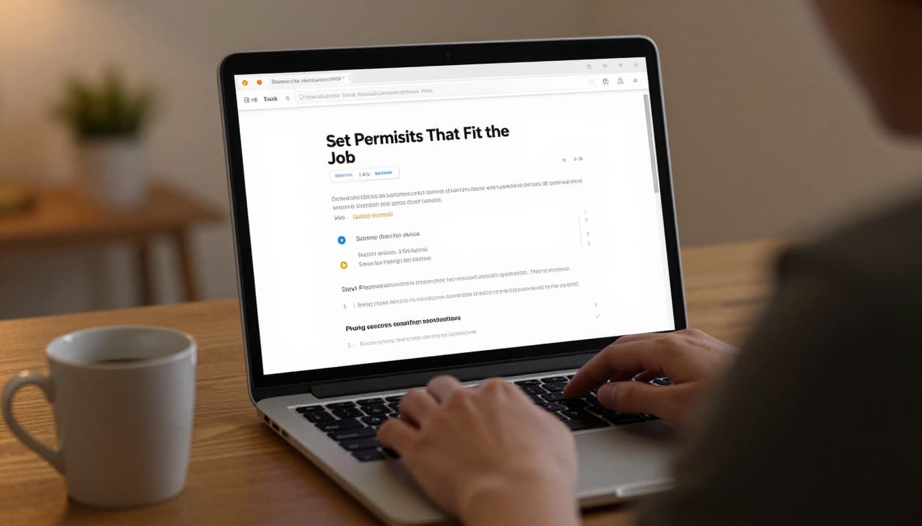 A person in a home office adjusts document sharing permissions on an angled laptop screen, with relaxed hands on the keyboard and a coffee mug nearby under warm lighting. The focus is on workflow efficiency with exactly one person and no visible screen text or extra objects.