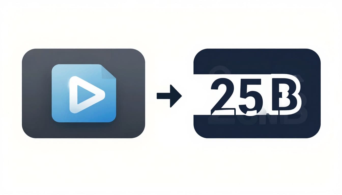 Step-by-step visualization of video compression process showing raw video file icon next to compressed MP4 icon with size reduction arrow from 1GB to 250MB.